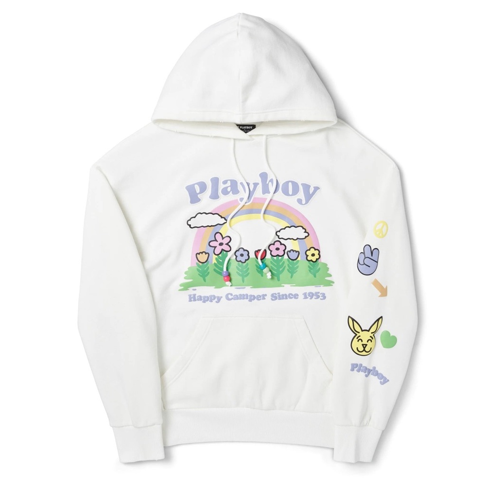 Playboy Happy Camper Beaded Rainbow Drop Shoulder Hoodie Size S